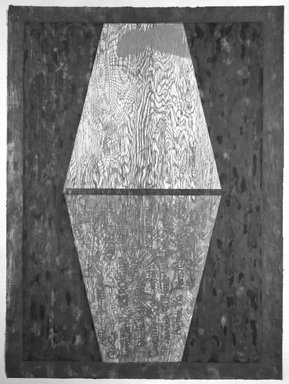 Alastair Noble (British, born 1954). <em>Reflected Confrontation</em>, 1983. Woodcut, aquatint, bronze powder, copper leaf on paper, sheet: 34 1/8 x 45 1/2 in. (86.7 x 115.6 cm). Brooklyn Museum, Purchased with funds given by the Louis Comfort Tiffany Foundation, 85.46. © artist or artist's estate (Photo: Brooklyn Museum, 85.46_bw.jpg)