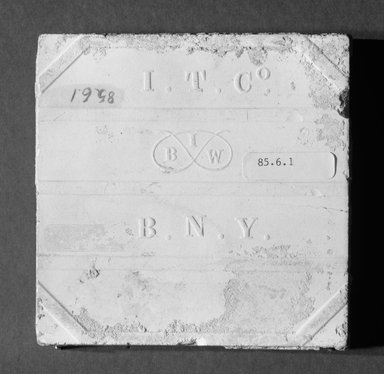 International Tile Company. <em>Tile</em>, 1882–1888. Earthenware, 1/2 x 4 1/2 x 4 1/2 in. (1.3 x 11.4 x 11.4 cm). Brooklyn Museum, Gift of Florence I. Barnes, 85.6.1. Creative Commons-BY (Photo: Brooklyn Museum, 85.6.1_bottom_bw.jpg)