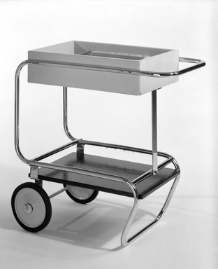 Gilbert Rohde (American, 1894-1944). <em>Beverage Cart</em>, ca. 1933. Chrome-plated steel, painted wood, cork, 33 x 33 3/4 x 18 3/4 in. (83.8 x 85.7 x 47.6 cm). Brooklyn Museum, H. Randolph Lever Fund, 85.77. Creative Commons-BY (Photo: Brooklyn Museum, 85.77_view1_bw.jpg)