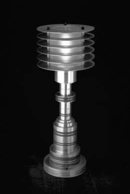 Possibly Walter von Nessen (American, born Germany, 1889-1943). <em>Lamp</em>, ca. 1930. Aluminum, plastic resin (probably Bakelite), brass, glass, 20 x 8 x 8 in. (50.8 x 20.3 x 20.3 cm). Brooklyn Museum, H. Randolph Lever Fund, 85.78.2. Creative Commons-BY (Photo: Brooklyn Museum, 85.78.2_view1_bw.jpg)