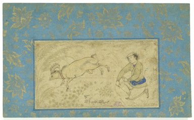 Riza `Abbasi (Persian, active 1585-1635). <em>Crouching Youth Restrains a Bucking Ram in a Landscape</em>, AH 1032 / 1623 C.E. Ink, opaque watercolor, and gold on paper, Exclusive of mounting: 3 11/16 x 16 13/16 in. (9.4 x 42.7 cm). Brooklyn Museum, Designated Purchase Fund, 85.80 (Photo: Brooklyn Museum, 85.80_SL1.jpg)