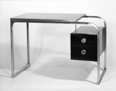 Gilbert Rohde (American, 1894-1944). <em>Desk</em>, ca. 1934. Chromed tubular steel, plastic laminate, wood, paint, 29 x 42 x 22 in. (73.7 x 106.7 x 55.9 cm). Brooklyn Museum, Designated Purchase Fund, 86.18. Creative Commons-BY (Photo: Brooklyn Museum, 86.18_bw.jpg)