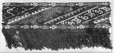 Chancay. <em>Textile Fragment, possibly a Border Fragment</em>, 1532-1700 or 1000-1400. Cotton, camelid fiber, 24 x 11 in. (61 x 27.9 cm). Brooklyn Museum, Gift of the Ernest Erickson Foundation, Inc., 86.224.108. Creative Commons-BY (Photo: Brooklyn Museum, 86.224.108_bw_acetate.jpg)