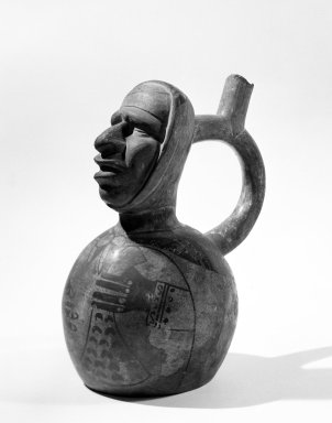 Nasca. <em>Human Head Jar</em>, 300–600 C.E. Ceramic, pigment, 5 1/4 x 4 x 4 in. (13.3 x 10.2 x 10.2 cm). Brooklyn Museum, Gift of the Ernest Erickson Foundation, Inc., 86.224.115. Creative Commons-BY (Photo: Brooklyn Museum, 86.224.115_bw_acetate.jpg)