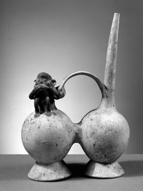 Chancay. <em>Whistling Vessel with Figure of a Monkey</em>, 1000-1400. Clay, slips, 11 1/4 x 7 1/2 x 3 1/2 in.  (28.6 x 19.1 x 8.9 cm). Brooklyn Museum, Gift of the Ernest Erickson Foundation, Inc., 86.224.141. Creative Commons-BY (Photo: Brooklyn Museum, 86.224.141_bw_acetate.jpg)