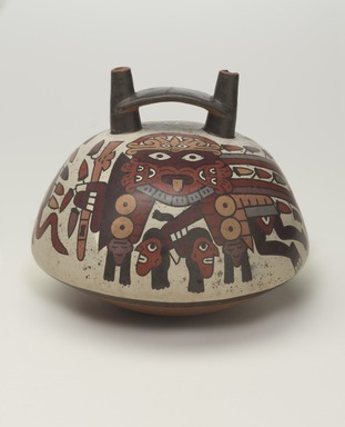 Nasca. <em>Double-Spout Vessel</em>, 325-440. Ceramic, pigments, 6 x 7 x 7 in. (15.2 x 17.8 x 17.8 cm). Brooklyn Museum, Gift of the Ernest Erickson Foundation, Inc., 86.224.15. Creative Commons-BY (Photo: Brooklyn Museum, 86.224.15_side2_PS9.jpg)