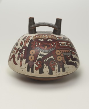 Nasca. <em>Double-Spout Vessel</em>, 325–440. Ceramic, pigments, 6 x 7 x 7 in. (15.2 x 17.8 x 17.8 cm). Brooklyn Museum, Gift of the Ernest Erickson Foundation, Inc., 86.224.15. Creative Commons-BY (Photo: Brooklyn Museum, 86.224.15_side2_PS9.jpg)