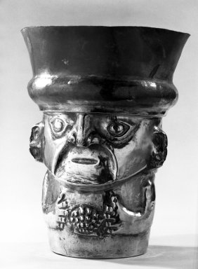 Sican. <em>Face Beaker</em>, 850-1050 C.E. Hammered Silver, 10 7/8 x 8 1/2in. (27.6 x 21.6cm). Brooklyn Museum, Gift of the Ernest Erickson Foundation, Inc., 86.224.189. Creative Commons-BY (Photo: Brooklyn Museum, 86.224.189_bw_acetate.jpg)