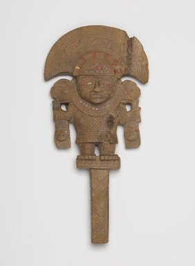 Chimú. <em>Mirror Handle</em>, ca. 850–1470. Wood, gold, turquoise, red pigment, 11 5/8 x 5 9/16 in.  (29.5 x 14.1 cm). Brooklyn Museum, Gift of the Ernest Erickson Foundation, Inc., 86.224.4. Creative Commons-BY (Photo: Brooklyn Museum, 86.224.4_PS2.jpg)