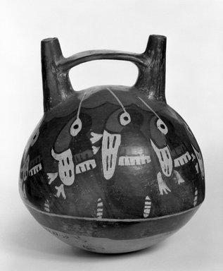 Nazca. <em>Double-Spout Vessel</em>, 200-500 C.E. Ceramic, polychrome slip, 6 1/2 x 6 3/8in. (16.5 x 16.2cm). Brooklyn Museum, Gift of the Ernest Erickson Foundation, Inc., 86.224.6. Creative Commons-BY (Photo: Brooklyn Museum, 86.224.6_bw.jpg)