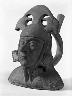 Moche. <em>Portrait Head Vessel</em>, 200-700 C.E. Ceramic, slip, 10 1/16 x 7 1/16 x 8 11/16 in. Brooklyn Museum, Gift of the Ernest Erickson Foundation, Inc., 86.224.80. Creative Commons-BY (Photo: Brooklyn Museum, 86.224.80_bw.jpg)