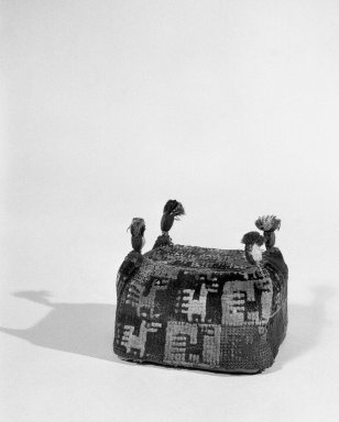 Coastal Wari (attrib by Nobuko Kajatani, 1993). <em>Hat Fragment</em>, 600–1000. Camelid fiber, 4 15/16 x 6 5/16 in. (12.5 x 16 cm). Brooklyn Museum, Gift of the Ernest Erickson Foundation, Inc., 86.224.91. Creative Commons-BY (Photo: Brooklyn Museum, 86.224.91_bw_acetate.jpg)