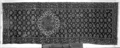  <em>Medallion Carpet</em>, 18th century. Wool and cotton, New Dimensions 2005: 276 x 100 in. (701 x 254 cm). Brooklyn Museum, Gift of the Ernest Erickson Foundation, Inc., 86.227.110. Creative Commons-BY (Photo: Brooklyn Museum, 86.227.110a_overall_acetate_bw.jpg)