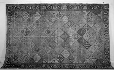  <em>Garden Carpet</em>, 17th–18th century. White cotton warp and weft, wool pile, 190 x 118in. (482.6 x 299.7cm). Brooklyn Museum, Gift of the Ernest Erickson Foundation, Inc., 86.227.117. Creative Commons-BY (Photo: Brooklyn Museum, 86.227.117a_overall_acetate_bw.jpg)