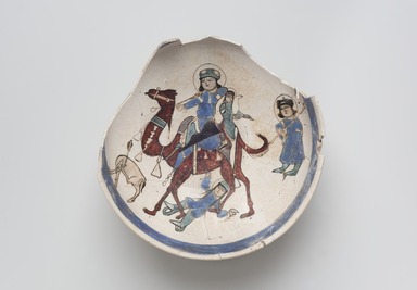  <em>Bowl Depicting Bahram Gur and Azada</em>, late 12th-early 13th century. Ceramic, mina'i (enameled) or haft rangi (seven colors) ware; fritware, in-glaze painted in blue, green, and brown on an opaque white glaze, overglaze painted in black, height x diameter: 4 x 8 5/16 in. (10.2 x 21.1 cm). Brooklyn Museum, Gift of the Ernest Erickson Foundation, Inc., 86.227.11. Creative Commons-BY (Photo: Brooklyn Museum, 86.227.11_PS11.jpg)