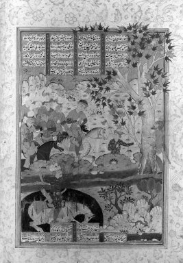  <em>Folio from a "Shahnameh": The Death of Rustam and His Killing   Shaghad</em>, ca. 1580-1590. Ink and opaque watercolor on paper, 14 1/2 x 8 3/4in. (36.8 x 22.2cm). Brooklyn Museum, Gift of the Ernest Erickson Foundation, Inc., 86.227.151 (Photo: Brooklyn Museum, 86.227.151_acetate_bw.jpg)