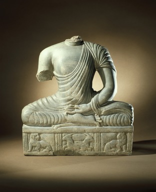  <em>Seated Buddha Torso</em>, late 3rd century. Green limestone, 16 1/2 × 15 × 4 1/8 in., 59 lb. (41.9 × 38.1 × 10.5 cm, 26.76kg). Brooklyn Museum, Gift of the Ernest Erickson Foundation, Inc., 86.227.24. Creative Commons-BY (Photo: Brooklyn Museum, 86.227.24_SL1.jpg)