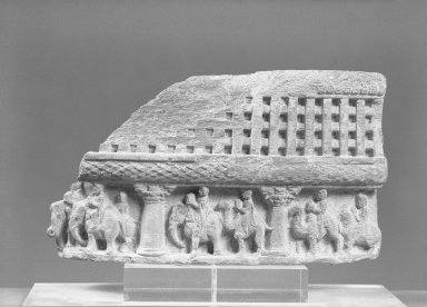  <em>Transportation of the Relics</em>, 1st-2nd century. Gray schist, 6 1/4 x 11 x 2 3/8 in. (15.9 x 27.9 x 6 cm). Brooklyn Museum, Gift of the Ernest Erickson Foundation, Inc., 86.227.34. Creative Commons-BY (Photo: Brooklyn Museum, 86.227.34_acetate_bw.jpg)