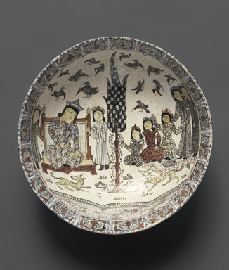 <em>Bowl with an Enthronement Scene</em>, late 12th-early 13th century. Ceramic, mina’i (enameled) or haft rangi (seven colors) ware; in-glaze painted in blue, turquoise, and purple on an opaque white glaze, overglaze painted in red and black, with leaf gilding, 3 3/16 x 8 1/4 in. (8.1 x 21 cm). Brooklyn Museum, Gift of the Ernest Erickson Foundation, Inc., 86.227.61. Creative Commons-BY (Photo: Brooklyn Museum, 86.227.61_editedversion_SL3.jpg)