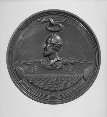 William Barber (American, born England, 1807-1879). <em>Cyrus W. Field Congressional Medal</em>, 1867 designed; 1868 struck. Bronze, 4 1/16 x 4 1/16 x 1/2 in. (10.3 x 10.3 x 1.3 cm). Brooklyn Museum, Gift of M. Christman Zulli, 86.248.1. Creative Commons-BY (Photo: Brooklyn Museum, 86.248.1_side1_cropped_bw.jpg)