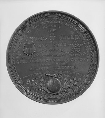 William Barber (American, born England, 1807–1879). <em>Cyrus W. Field Congressional Medal</em>, 1867 designed; 1868 struck. Bronze, 4 1/16 x 4 1/16 x 1/2 in. (10.3 x 10.3 x 1.3 cm). Brooklyn Museum, Gift of M. Christman Zulli, 86.248.1. Creative Commons-BY (Photo: Brooklyn Museum, 86.248.1_side2_cropped_bw.jpg)