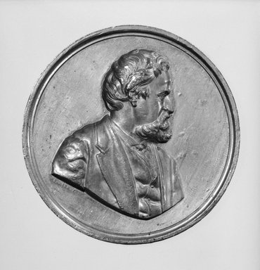 William Barber (American, born England, 1807-1879). <em>Henry R. Linderman Medal</em>, ca. 1869. Silver-plated metal, 3 x 3 x 5/16 in. (7.6 x 7.6 x 0.8 cm). Brooklyn Museum, Gift of M. Christman Zulli, 86.248.2. Creative Commons-BY (Photo: Brooklyn Museum, 86.248.2_side1_cropped_bw.jpg)