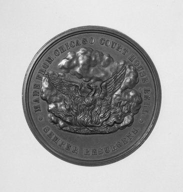 William Barber (American, born England, 1807-1879). <em>Chicago Fire Medal</em>, 1872. Bronze, 2 1/16 x 2 1/16 x 3 1/16 in. (5.2 x 5.2 x 7.8 cm). Brooklyn Museum, Gift of M. Christman Zulli, 86.248.4. Creative Commons-BY (Photo: Brooklyn Museum, 86.248.4_side1_cropped_bw.jpg)