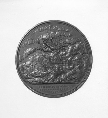 William Barber (American, born England, 1807–1879). <em>Chicago Fire Medal</em>, 1872. Bronze, 2 1/16 x 2 1/16 x 3 1/16 in. (5.2 x 5.2 x 7.8 cm). Brooklyn Museum, Gift of M. Christman Zulli, 86.248.4. Creative Commons-BY (Photo: Brooklyn Museum, 86.248.4_side2_cropped_bw.jpg)