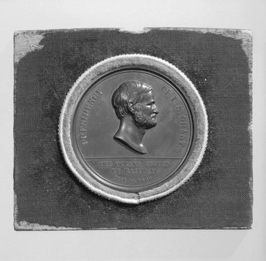 William Barber (American, born England, 1807–1879). <em>Pacific Railroad Commemorative Medal</em>, 1869. Bronze, Medal, diameter: 1 3/4 in. (4.4 cm). Brooklyn Museum, Gift of M. Christmann Zulli, 86.248.8a-b. Creative Commons-BY (Photo: Brooklyn Museum, 86.248.8a-b_side1_cropped_bw.jpg)