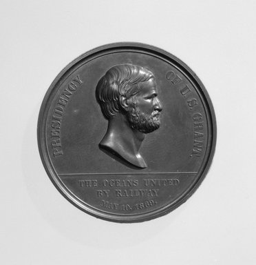 William Barber (American, born England, 1807-1879). <em>Pacific Railroad Commemorative Medal</em>, 1869. Bronze, Medal, diameter: 1 3/4 in. (4.4 cm). Brooklyn Museum, Gift of M. Christmann Zulli, 86.248.8a-b. Creative Commons-BY (Photo: Brooklyn Museum, 86.248.8a_side1_cropped_bw.jpg)