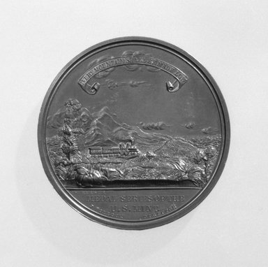 William Barber (American, born England, 1807-1879). <em>Pacific Railroad Commemorative Medal</em>, 1869. Bronze, Medal, diameter: 1 3/4 in. (4.4 cm). Brooklyn Museum, Gift of M. Christmann Zulli, 86.248.8a-b. Creative Commons-BY (Photo: Brooklyn Museum, 86.248.8a_side2_cropped_bw.jpg)