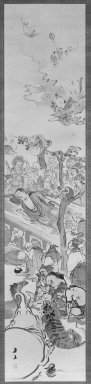 Yokoyama Kazan (Japanese, 1784-1837). <em>Nehan (Death of Buddha)</em>, 19th century. Hanging scroll; ink and colors on paper, 52 1/2 x 11 3/8 in. (133.4 x 28.9 cm). Brooklyn Museum, Gift of Mr. and Mrs. Patrick J. Gilmartin, 86.258 (Photo: Brooklyn Museum, 86.258_cropped_bw_IMLS.jpg)