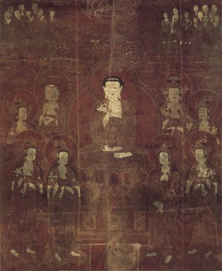  <em>Amit'a (Amitabha) and the Eight Bodhisattvas</em>, Dated in accordance with 1666. Hanging scroll; ink and gold on silk, 39 x 32 in. (99.1 x 81.3cm). Brooklyn Museum, Gift of Mr. and Mrs. Herbert Greenberg, 86.260.1 (Photo: Brooklyn Museum, 86.260.1.jpg)