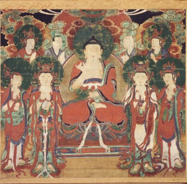  <em>Amit'a (Amitabha) with Six Bodhisattvas and Two Arhats</em>, 19th century. Ink and colors on silk, 31 3/4 x 35 1/4 in.  (80.6 x 89.5 cm). Brooklyn Museum, Gift of Mr. and Mrs. Herbert Greenberg, 86.260.2 (Photo: Brooklyn Museum, 86.260.2.jpg)