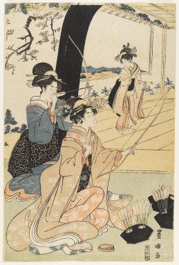 Utagawa Toyokuni I (Japanese, 1769–1825). <em>Young Samurai and Female Attendants Practicing Archery, Half of a Diptych</em>, ca. 1800. Woodblock print, 15 1/8 x 10 in. (38.4 x 25.4 cm). Brooklyn Museum, Gift of Mr. and Mrs. Ran Hettena, 86.263.10 (Photo: Brooklyn Museum, 86.263.10_IMLS_PS4.jpg)