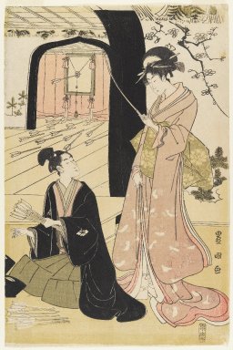 Utagawa Toyokuni I (Japanese, 1769–1825). <em>Young Samurai and Female Attendants Practicing Archery, Half of a Diptych</em>, ca. 1800. Diptych, woodblock print, 15 1/4 x 10 1/8 in. (38.7 x 25.7 cm). Brooklyn Museum, Gift of Mr. and Mrs. Ran Hettena, 86.263.11 (Photo: Brooklyn Museum, 86.263.11_IMLS_PS4.jpg)