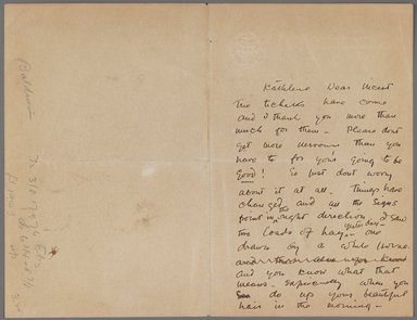 John Singer Sargent (American, born Italy, 1856-1925). <em>Letter to Kathlene MacDonell</em>, n.d. Ink on paper, Sheet (unfolded): 6 7/8 x 8 15/16 in. (17.5 x 22.7 cm). Brooklyn Museum, Gift of Mr. and Mrs. Wilbur L. Ross, Jr., 86.281.3 (Photo: Brooklyn Museum, 86.281.3_recto_IMLS_PS3.jpg)