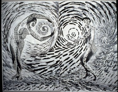 Ellen Carey (American, born 1952). <em>Spirals Change</em>, 1982. Mixed media (acrylic) on photograph (B/W, two sheets), 66 x 84 3/16 in. Brooklyn Museum, GIft of Arthur Solway, 86.33. © artist or artist's estate (Photo: Brooklyn Museum, 86.33_slide_SL3.jpg)
