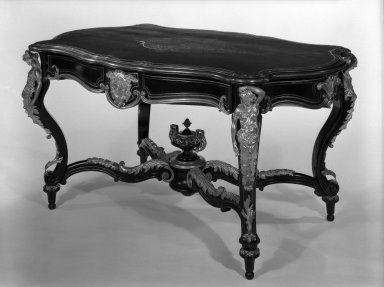 Leon Marcotte (1824-1887). <em>Table</em>, ca. 1865. Ebonized woods, brass, gilded metal, 30 1/2 x 57 1/2 x 37 1/2 in. (77.5 x 146.1 x 95.3 cm). Brooklyn Museum, Gift of The Roebling Society, 86.4. Creative Commons-BY (Photo: Brooklyn Museum, 86.4_bw_IMLS.jpg)