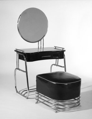 Kem Weber (American, born Germany, 1889–1963). <em>Stool</em>, ca. 1934. Chrome-plated tubular steel, upholstery, 17 1/2 x 21 x 22 1/2 in.  (44.5 x 53.3 x 57.2 cm). Brooklyn Museum, Modernism Benefit Fund, 87.123.2. Creative Commons-BY (Photo: , 87.123.1a-b_87.123.2_bw.jpg)