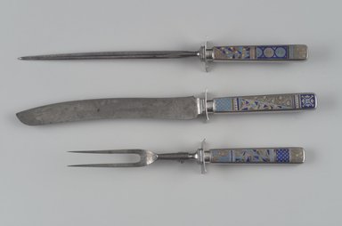 Gorham Manufacturing Company (1865–1961). <em>Knife, Part of Three-Piece Carving Set</em>, ca. 1883. Silver with enamel inlay, steel, 14 1/8 x 1 1/2 x 1 1/8 in. (35.9 x 3.8 x 2.9 cm). Brooklyn Museum, H. Randolph Lever Fund, 87.125.1. Creative Commons-BY (Photo: , 87.125.1_87.125.2_87.125.3.jpg)