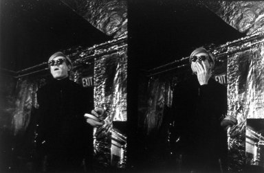 Nat Finkelstein (American, 1933-2009). <em>Andy with Tambourine (Andy at Factory)</em>, 1965. Gelatin silver photograph, image: 15 1/4 x 22 3/4 in. (38.7 x 57.8 cm). Brooklyn Museum, Gift of the son of Abe and Esther Finkelstein, a Brooklyn cab driver and his wife, 87.150.7. © artist or artist's estate (Photo: Brooklyn Museum, 87.150.7.jpg)