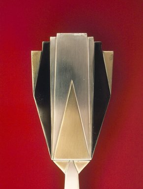 Louis W. Rice (American, 1872-1933). <em>"Skyscraper" Brush, Apollo Studios Line</em>, ca. 1928. Silver-plated metal, natural bristles, gilding, enamel, plastic, 10 1/8 x 3 3/16 x 1 5/8 in. (25.7 x 8.1 x 4.1 cm). Brooklyn Museum, Modernism Benefit Fund, 87.176.1. Creative Commons-BY (Photo: Brooklyn Museum, 87.176.1_detail_transpc003.jpg)