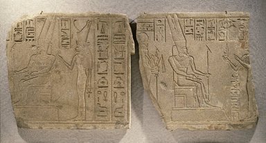 Egyptian. <em>Relief of the Theban Divine Family</em>, ca. 710–670 B.C.E. Sandstone, 28 9/16 x 27 3/16 x 2 3/16 in. (72.5 x 69 x 5.5 cm). Brooklyn Museum, Charles Edwin Wilbour Fund, 87.184.1. Creative Commons-BY (Photo: , 87.184.1_87.184.2_SL1.jpg)