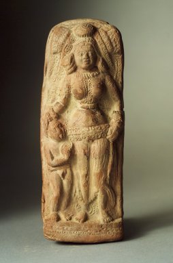  <em>Standing Female and Attendant</em>, ca. 2nd century B.C.E. Terracotta, molded plaque, 5 1/4 x 2 3/4 in. (13.3 x 7 cm). Brooklyn Museum, Gift of Georgia and Michael de Havenon, 87.188.1. Creative Commons-BY (Photo: Brooklyn Museum, 87.188.1.jpg)