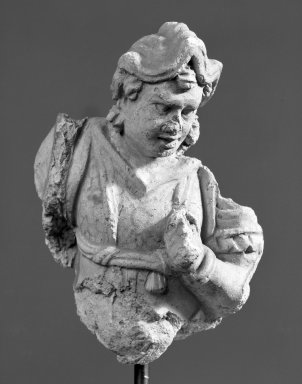  <em>Figure of a Soldier</em>, 2nd-3rd century. Stucco relief, 5 1/2 × 3 3/4 × 3 in. (14 × 9.5 × 7.6 cm). Brooklyn Museum, Gift of Georgia and Michael de Havenon, 87.188.12. Creative Commons-BY (Photo: Brooklyn Museum, 87.188.12_bw.jpg)