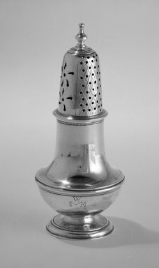 John Hastier. <em>Caster with Cover</em>, ca. 1750. Silver, height: 5 1/2 in.  (14.0 cm); diameter of base: 1 3/4 in. (4.5 cm);  weight: 127.5 gm (4.11 oz). Brooklyn Museum, Gift of Wunsch Foundation, Inc., 87.224.1. Creative Commons-BY (Photo: Brooklyn Museum, 87.224.1_bw.jpg)