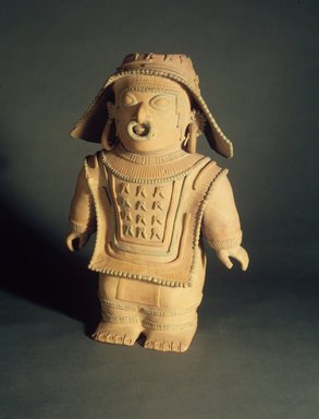 Jama Coaque. <em>Standing Figure</em>, 1–600 C.E. Ceramic, pigment, 18 3/4 x 13 1/4 x 6 1/2 in. (47.6 x 33.7 x 16.5 cm). Brooklyn Museum, Gift of Mr. and Mrs. Tessim Zorach, 88.57.1. Creative Commons-BY (Photo: Brooklyn Museum, 88.57.1.jpg)