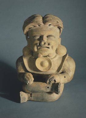 Bahía. <em>Seated Figure</em>, 500 B.C.E.–500 C.E. Clay, post-fire pigment, 17 3/4 x 13 1/4 x 8 1/4 in.  (45.1 x 33.7 x 21.0 cm). Brooklyn Museum, Gift of Mr. and Mrs. Tessim Zorach, 88.57.7. Creative Commons-BY (Photo: Brooklyn Museum, 88.57.7.jpg)