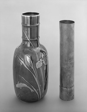 Tiffany & Company (American, founded 1853). <em>Vase with Liner</em>, ca. 1880. Silver, copper, brass, and silver-copper-zinc alloy, 11 x 5 x 5 in. (27.9 x 12.7 x 12.7 cm). Brooklyn Museum, Designated Purchase Fund, 88.69a-b. Creative Commons-BY (Photo: Brooklyn Museum, 88.69a-b_view2_bw.jpg)